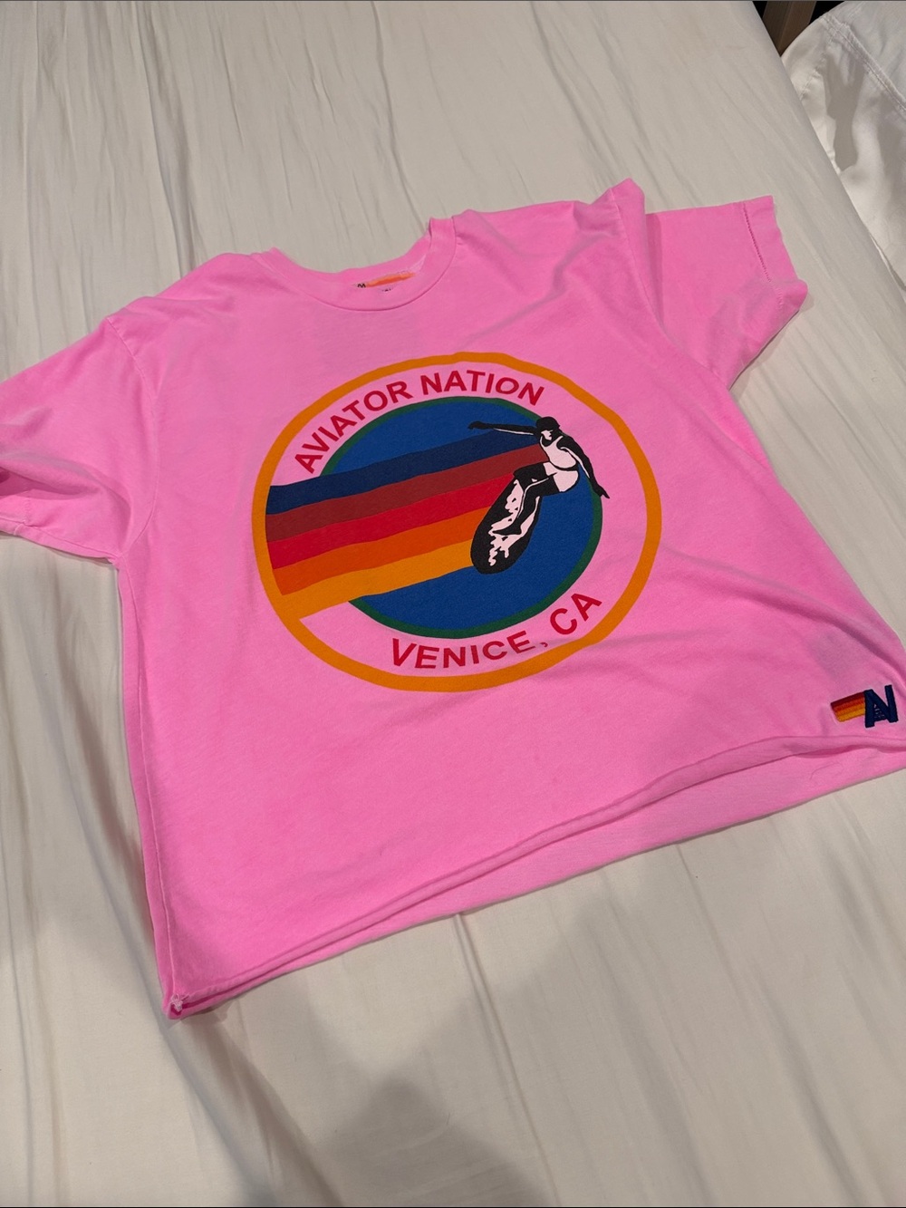 Aviator Nation women’s medium Bright Pink Venice Graphic crop top tee